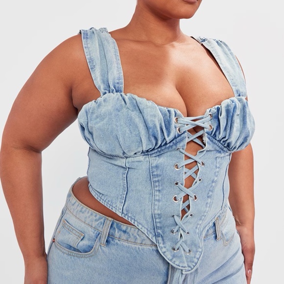 PrettyLittleThing Tops - 1098 NWT - PrettyLittleThing Denim Lace Up Corset - Size 18 - Blue Bleach Wash